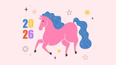 Çin takvimine göre 2026 yılının sembolü At ile vektör illüstrasyonu. Kutlama kartları, posterler, afişler için hayvanlı baskı tasarımı. At Yılı. Mutlu Çin Yeni Yılı.