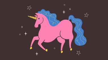 Şirin pembe tek boynuzlu at. Peri masalı, komik, modaya uygun bir at. Tebrik kartları, posterler, afişler için baskı tasarımı. At Yılı. Düz biçimli vektör illüstrasyonu