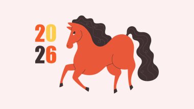 Çin takvimine göre 2026 yılının sembolü At ile vektör illüstrasyonu. Kutlama kartları, posterler, afişler için hayvanlı baskı tasarımı. At Yılı. Mutlu Çin Yeni Yılı.