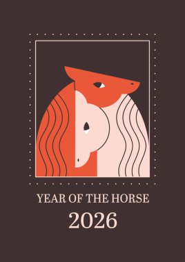 Güzel atlar, Çin takvimine göre 2026 yılının sembolü. Kutlama kartları, posterler, afişler için hayvanlı baskı tasarımı. At Yılı. Mutlu Çin Yeni Yılı. Vektör illüstrasyonu