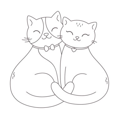 Aşık sevimli kedi çiftler. Boyama sayfası. Hayvani aşk çifti. Sevgililer Günü tebrik kartı. Vektör karalama çizimi, el çizimi tasarımı