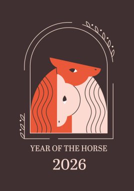 Şirin bir at çifti. Kutlama kartları, posterler, afişler için hayvanlı baskı tasarımı. At Yılı. Düz biçimli vektör illüstrasyonu