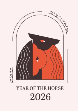 Şirin bir at çifti. Kutlama kartları, posterler, afişler için hayvanlı baskı tasarımı. At Yılı. Düz biçimli vektör illüstrasyonu