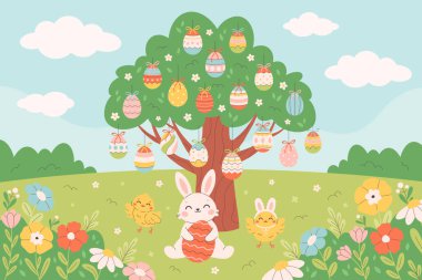 Cute tree with colorful Easter eggs, bunny, chicks on spring meadow. Spring landscape. Design for greeting cards, posters, banners, invitations. Vector illustration in flat style clipart