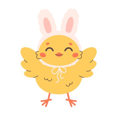 Tavşan kulaklı tatlı kız kostümü. Çıkartmalar, kartlar, posterler, afişler için tasarım. Düz biçimli vektör illüstrasyonu