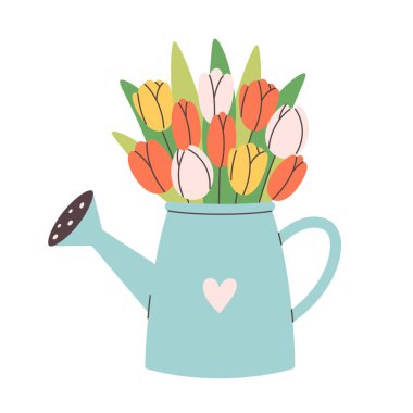 Laleli tatlı sulama kutusu. Merhaba ilkbahar, ilkbahar. Kartlar, kumaşlar, ambalajlar, hatıra defterleri, duvar kağıtları için tasarım. Düz biçimli vektör illüstrasyonu