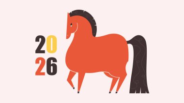 Çin takvimine göre 2026 yılının sembolü At ile vektör illüstrasyonu. Kutlama kartları, posterler, afişler için hayvanlı baskı tasarımı. At Yılı. Mutlu Çin Yeni Yılı