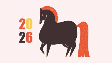 Çin takvimine göre 2026 yılının sembolü At ile vektör illüstrasyonu. Kutlama kartları, posterler, afişler için hayvanlı baskı tasarımı. At Yılı. Mutlu Çin Yeni Yılı