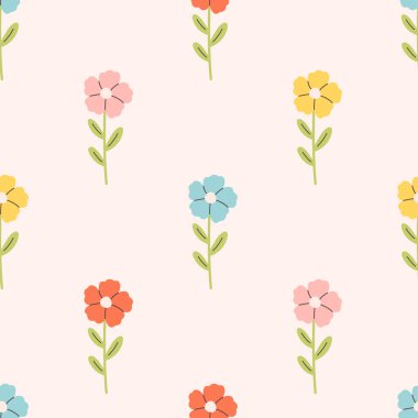 Renkli çiçekli, pürüzsüz bir desen. Sevimli minimalist baskı. Tekstil, duvar kâğıdı, ambalaj kağıdı. Düz biçimli vektör illüstrasyonu