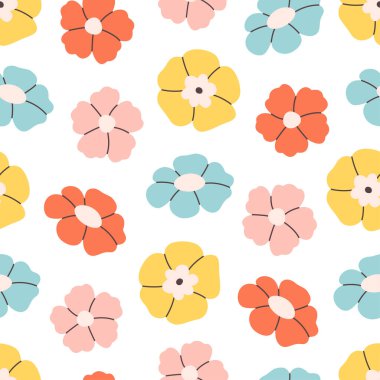Renkli çiçekli, pürüzsüz bir desen. Sevimli minimalist baskı. Tekstil, duvar kâğıdı, ambalaj kağıdı. Düz biçimli vektör illüstrasyonu