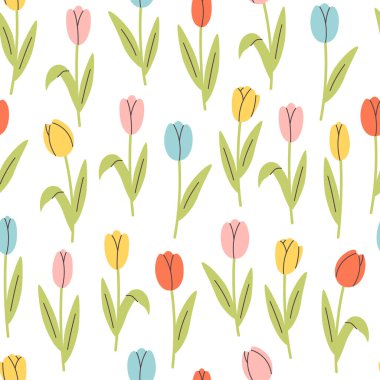 Lale çiçekli yumuşak, pürüzsüz bir desen. Sevimli minimalist baskı. Tekstil, duvar kâğıdı, ambalaj kağıdı. Düz biçimli vektör illüstrasyonu
