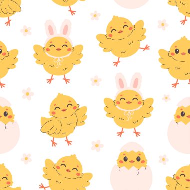 Şirin küçük piliçlerle kusursuz bir düzen. Paskalya piliçleri. Pankart, duvar kağıdı, tekstil, ambalaj kağıdı, arka plan, kartlar için tasarım. Düz biçimli vektör illüstrasyonu