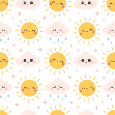 Bulutlu ve güneş karakterli hoş, pürüzsüz bir desen. Tekstil, duvar kâğıdı, ambalaj kağıdı. Düz biçimli vektör illüstrasyonu