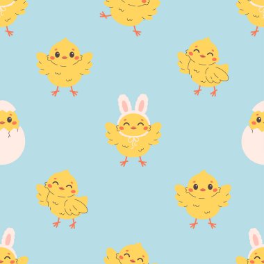 Şirin küçük piliçlerle kusursuz bir düzen. Paskalya piliçleri. Pankart, duvar kağıdı, tekstil, ambalaj kağıdı, arka plan, kartlar için tasarım. Düz biçimli vektör illüstrasyonu