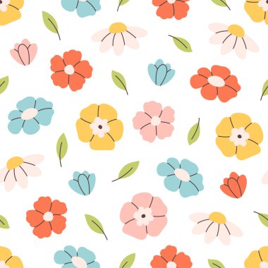 Rengarenk çiçekleri olan yumuşak ve pürüzsüz bir desen. Tekstil, duvar kâğıdı, ambalaj kağıdı. Düz biçimli vektör illüstrasyonu