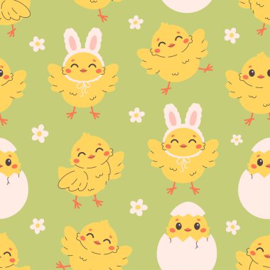 Şirin küçük piliçlerle kusursuz bir düzen. Paskalya piliçleri. Pankart, duvar kağıdı, tekstil, ambalaj kağıdı, arka plan, kartlar için tasarım. Düz biçimli vektör illüstrasyonu