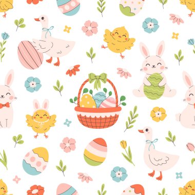 Tavşanların, civcivlerin, boyanmış yumurtaların, yumurtaların, çiçeklerin, kazların olduğu paskalya desenleri. Tekstil, duvar kâğıdı, ambalaj kağıdı. Düz biçimli vektör illüstrasyonu