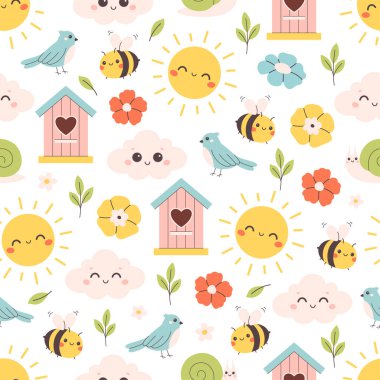 Tavşanların, civcivlerin, boyanmış yumurtaların, yumurtaların, çiçeklerin, kazların olduğu paskalya desenleri. Tekstil, duvar kâğıdı, ambalaj kağıdı. Düz biçimli vektör illüstrasyonu