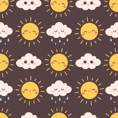 Bulutlu ve güneş karakterli hoş, pürüzsüz bir desen. Tekstil, duvar kâğıdı, ambalaj kağıdı. Düz biçimli vektör illüstrasyonu