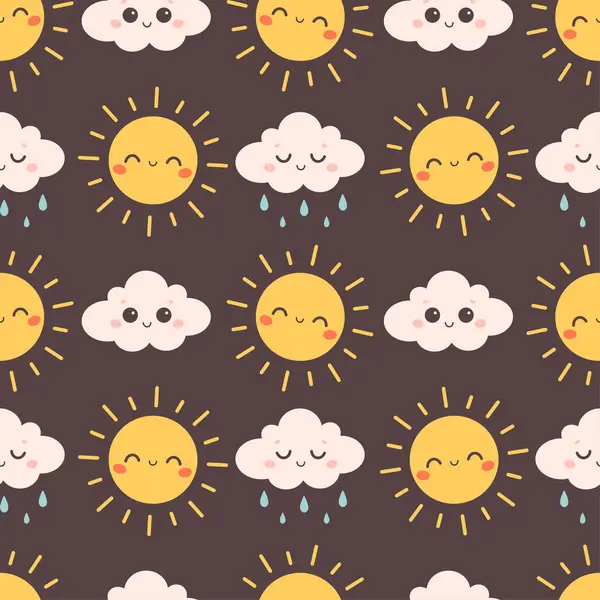 Bulutlu ve güneş karakterli hoş, pürüzsüz bir desen. Tekstil, duvar kâğıdı, ambalaj kağıdı. Düz biçimli vektör illüstrasyonu