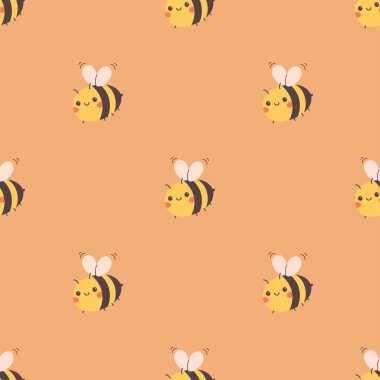 Şirin arılarla kusursuz desen. Tekstil, duvar kâğıdı, ambalaj kağıdı. Düz biçimli vektör illüstrasyonu