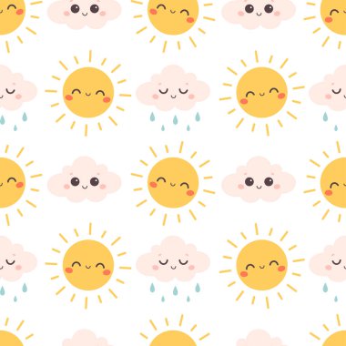 Bulutlu ve güneş karakterli hoş, pürüzsüz bir desen. Tekstil, duvar kâğıdı, ambalaj kağıdı. Düz biçimli vektör illüstrasyonu