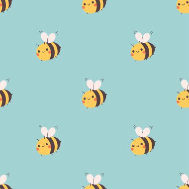 Şirin arılarla kusursuz desen. Tekstil, duvar kâğıdı, ambalaj kağıdı. Düz biçimli vektör illüstrasyonu