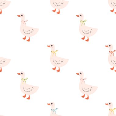 Şirin tüyleri olan yumuşak, pürüzsüz bir desen. Sevimli çiftlik hayvanları. Fiyonklu kaz. Pankart, duvar kağıdı, tekstil, ambalaj kağıdı, arka plan, kartlar için tasarım. Düz biçimli vektör illüstrasyonu