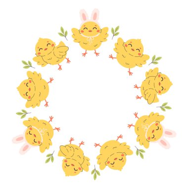 Paskalya piliçleri çerçeve etrafında. Paskalya piliçlerini karalama tarzında çizmiş. Dairesel şablon. Düz biçimli vektör illüstrasyonu