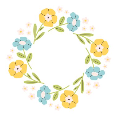 Güzel bir çiçek çemberi çerçevesi. Sevimli el çizilmiş bahar ve yaz çiçekleri karalama tarzında. Dairesel şablon. Düz biçimli vektör illüstrasyonu