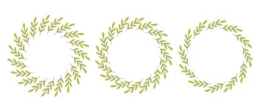 Basit bir çiçek çemberi çerçevesi. El yapımı botanik çizimi, yeşil dallı çelenk, defne. Davetiye, kart, pankart, logo için tasarım. Düz biçimli vektör illüstrasyonu