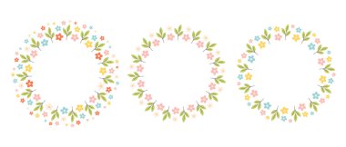 Çiçeksel basit daire iskeleti. El çizimi botanik yuvarlak kenar, çiçek çelengi, defne. Davetiye, kart, pankart, logo için tasarım. Düz biçimli vektör illüstrasyonu