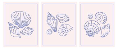Levha ya da deniz kabuklarıyla süslenmiş poster. Duvar resimleri dekoru. İtalyan stili el çizimi posterlerin vektör illüstrasyonu