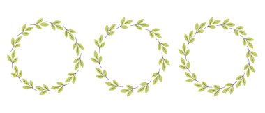 Basit bir çiçek çemberi çerçevesi. El yapımı botanik çizimi, yeşil dallı çelenk, defne. Davetiye, kart, pankart, logo için tasarım. Düz biçimli vektör illüstrasyonu