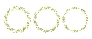 Basit bir çiçek çemberi çerçevesi. El yapımı botanik çizimi, yeşil dallı çelenk, defne. Davetiye, kart, pankart, logo için tasarım. Düz biçimli vektör illüstrasyonu