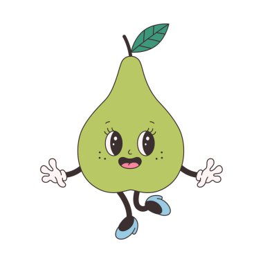 Şirin, harika bir armut. Modayı takip eden funky retro çizgi film karakteri. Harika bir yaz koleksiyonu. Düz biçimli vektör illüstrasyonu