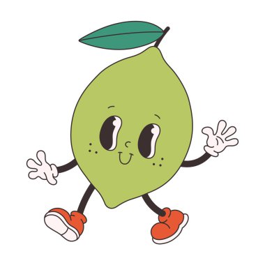 Şirin, harika bir limon. Modayı takip eden funky retro çizgi film karakteri. Harika bir yaz koleksiyonu. Düz biçimli vektör illüstrasyonu
