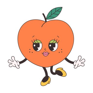 Şirin, nefis şeftali. Modayı takip eden funky retro çizgi film karakteri. Harika bir yaz koleksiyonu. Düz biçimli vektör illüstrasyonu