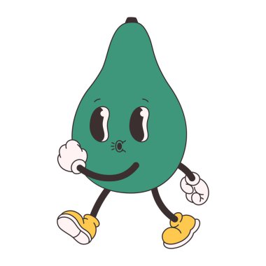 Çok hoş bir avokado. Modayı takip eden funky retro çizgi film karakteri. Harika bir yaz koleksiyonu. Düz biçimli vektör illüstrasyonu