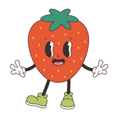 Şirin, harika bir çilek. Modayı takip eden funky retro çizgi film karakteri. Harika bir yaz koleksiyonu. Düz biçimli vektör illüstrasyonu