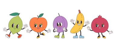 Şirin, havalı meyve karakterleri. Moda modası geçmiş eski çizgi film meyveleri. Harika bir yaz koleksiyonu. Düz biçimli vektör illüstrasyonu