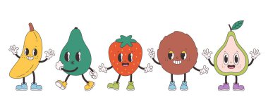 Şirin, havalı meyve karakterleri. Moda modası geçmiş eski çizgi film meyveleri. Harika bir yaz koleksiyonu. Düz biçimli vektör illüstrasyonu