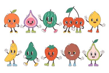 Şirin, havalı meyve karakterleri. Moda modası geçmiş eski çizgi film meyveleri. Harika bir yaz koleksiyonu. Düz biçimli vektör illüstrasyonu
