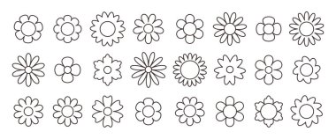 Bir dizi basit çiçek dizisi. Soyut minimalist çiçekler. Çiçek geometrik tasarımı. Düz biçimli vektör illüstrasyonu