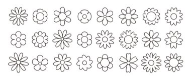Bir dizi basit çiçek dizisi. Soyut minimalist çiçekler. Çiçek geometrik tasarımı. Düz biçimli vektör illüstrasyonu