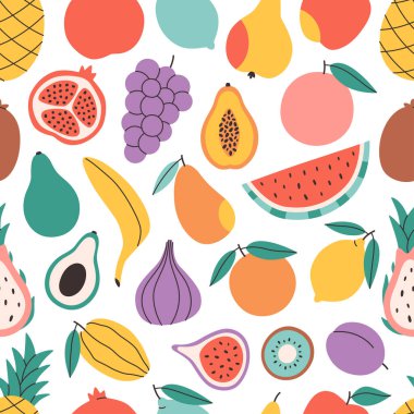Şirin renkli meyveleri olan kusursuz bir desen. Tropikal ve egzotik meyveler. Pankart, duvar kağıdı, tekstil, ambalaj kağıdı, arka plan, kartlar için tasarım. Düz biçimli vektör illüstrasyonu
