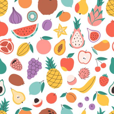 Şirin renkli meyveleri olan kusursuz bir desen. Tropikal ve egzotik meyveler. Pankart, duvar kağıdı, tekstil, ambalaj kağıdı, arka plan, kartlar için tasarım. Düz biçimli vektör illüstrasyonu
