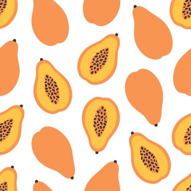 Şirin papayalı kusursuz desen. Pankart, duvar kağıdı, tekstil, ambalaj kağıdı, arka plan, kartlar için tasarım. Düz biçimli vektör illüstrasyonu