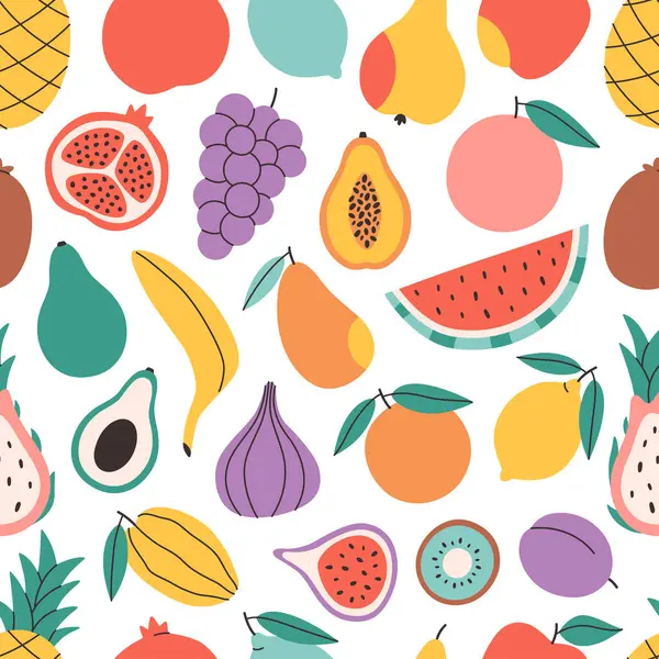 Şirin renkli meyveleri olan kusursuz bir desen. Tropikal ve egzotik meyveler. Pankart, duvar kağıdı, tekstil, ambalaj kağıdı, arka plan, kartlar için tasarım. Düz biçimli vektör illüstrasyonu