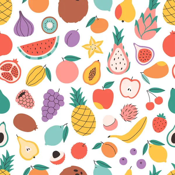 Şirin renkli meyveleri olan kusursuz bir desen. Tropikal ve egzotik meyveler. Pankart, duvar kağıdı, tekstil, ambalaj kağıdı, arka plan, kartlar için tasarım. Düz biçimli vektör illüstrasyonu